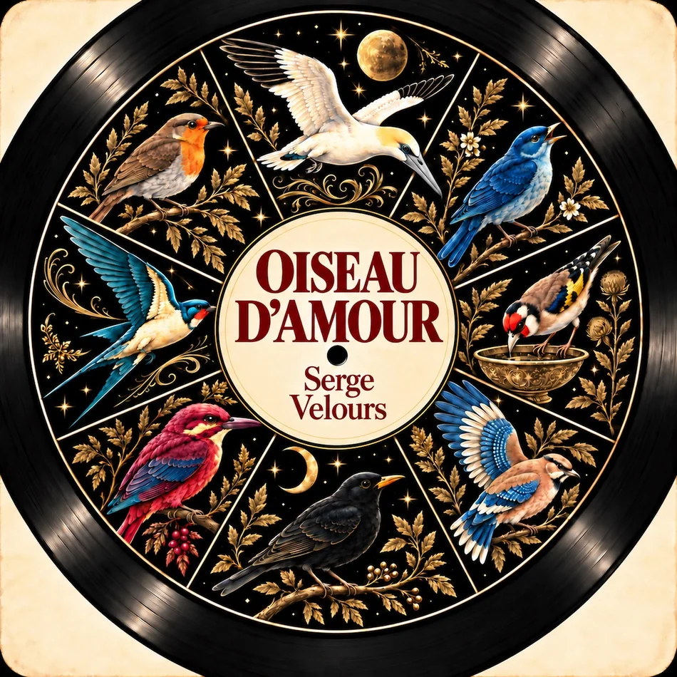 Pochette officielle de l’album Oiseau d’amour, disque vinyle avec huit oiseaux